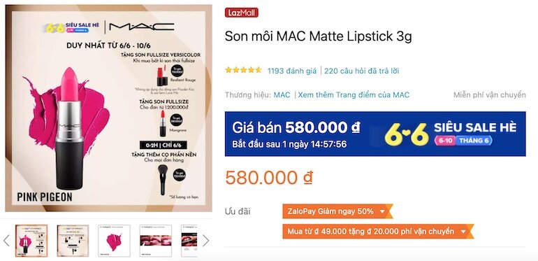 Son môi MAC Matte Lipstick 3g 580,000