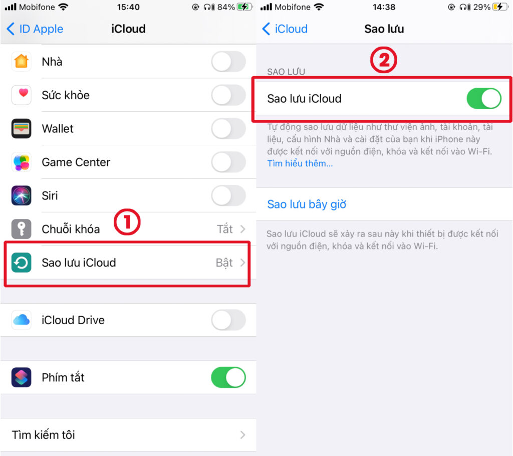 Bật tính năng sao lưu iCloud để đồng bộ danh bạ trên iPhone