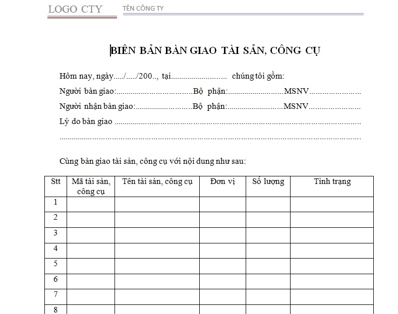 biên bản bàn giao hồ sơ