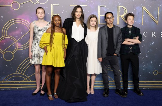 Angelina Jolie with children Shiloh, Zahara, Vivienne, Maddox and Knox at London Eternals gala