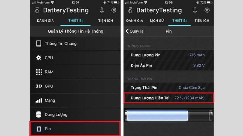 Mở ứng dụng Battery Testing vào phần Thiết bị chọn mục Pin để kiểm tra pin iPhone