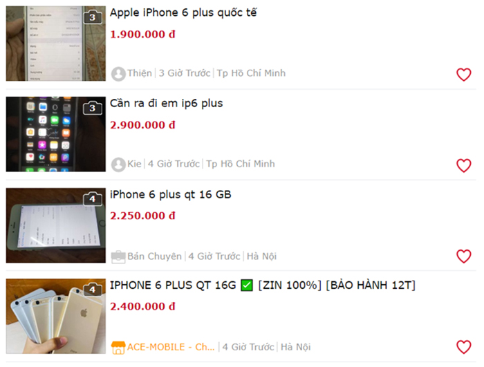 Giá của iPhone 6 plus được tìm kiếm trên Chợ Tốt điện thoại